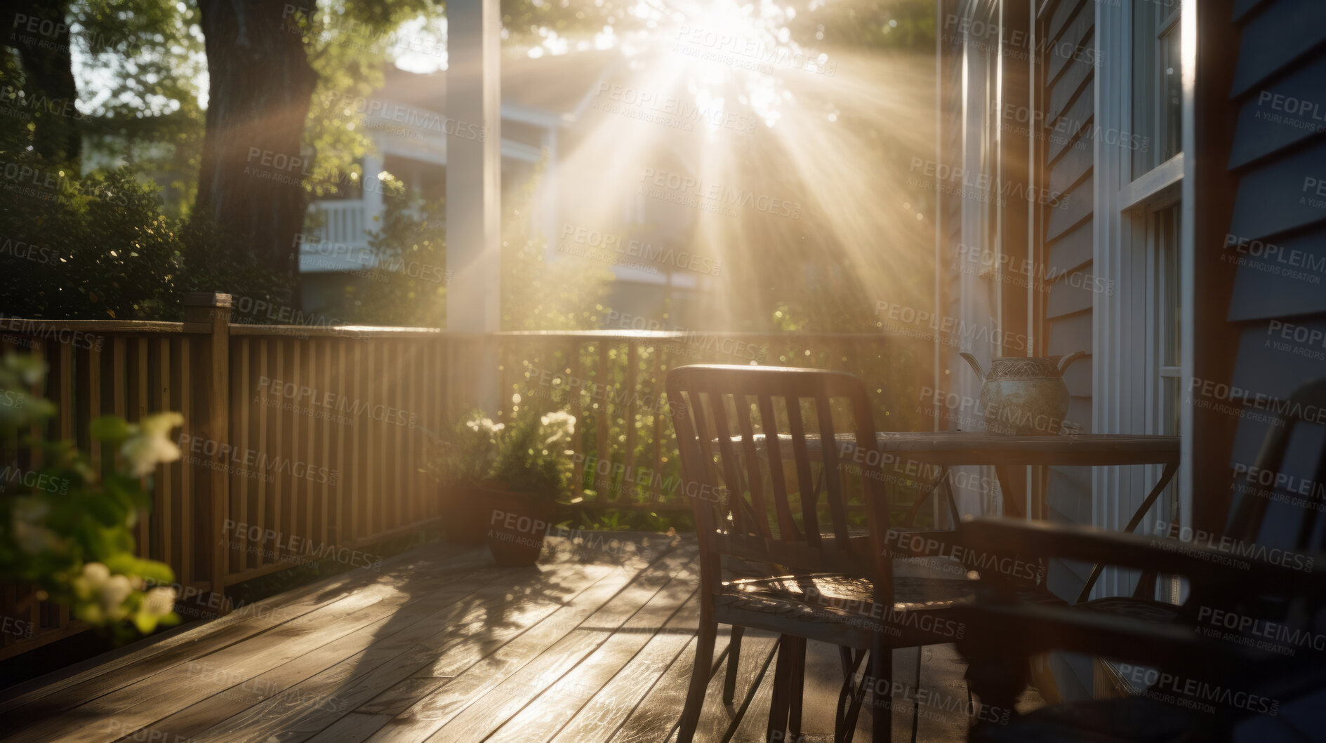 Buy stock photo Sunlight on home backyard patio. Terrace design idea with table and chairs.