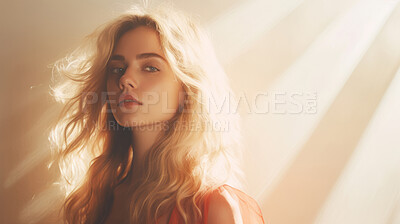 Buy stock photo Young woman in sunlight and shadows. Peace and calm wellbeing.