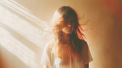 Buy stock photo Young woman in sunlight and shadows. Peace and calm wellbeing.