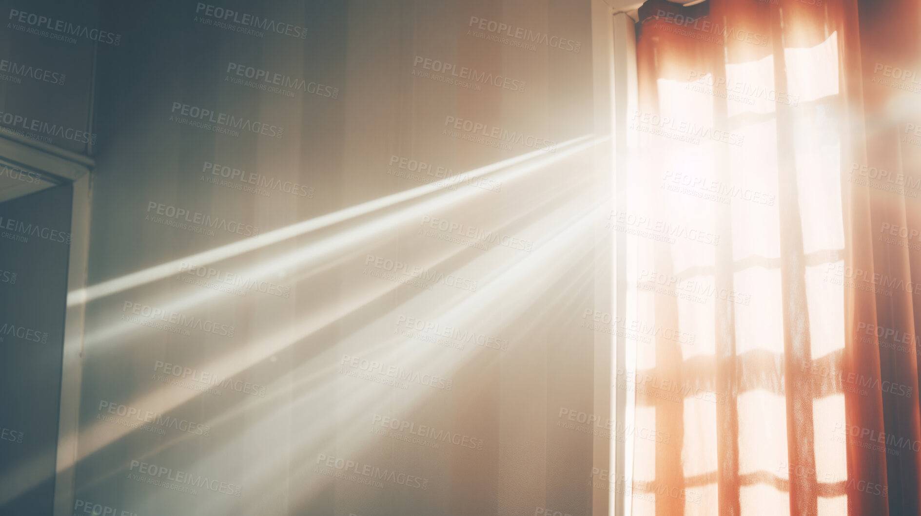 Buy stock photo Sunlight through curtain window in home. Peace and spiritual reflection