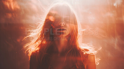 Buy stock photo Young woman in sunlight and shadows. Peace and calm wellbeing.