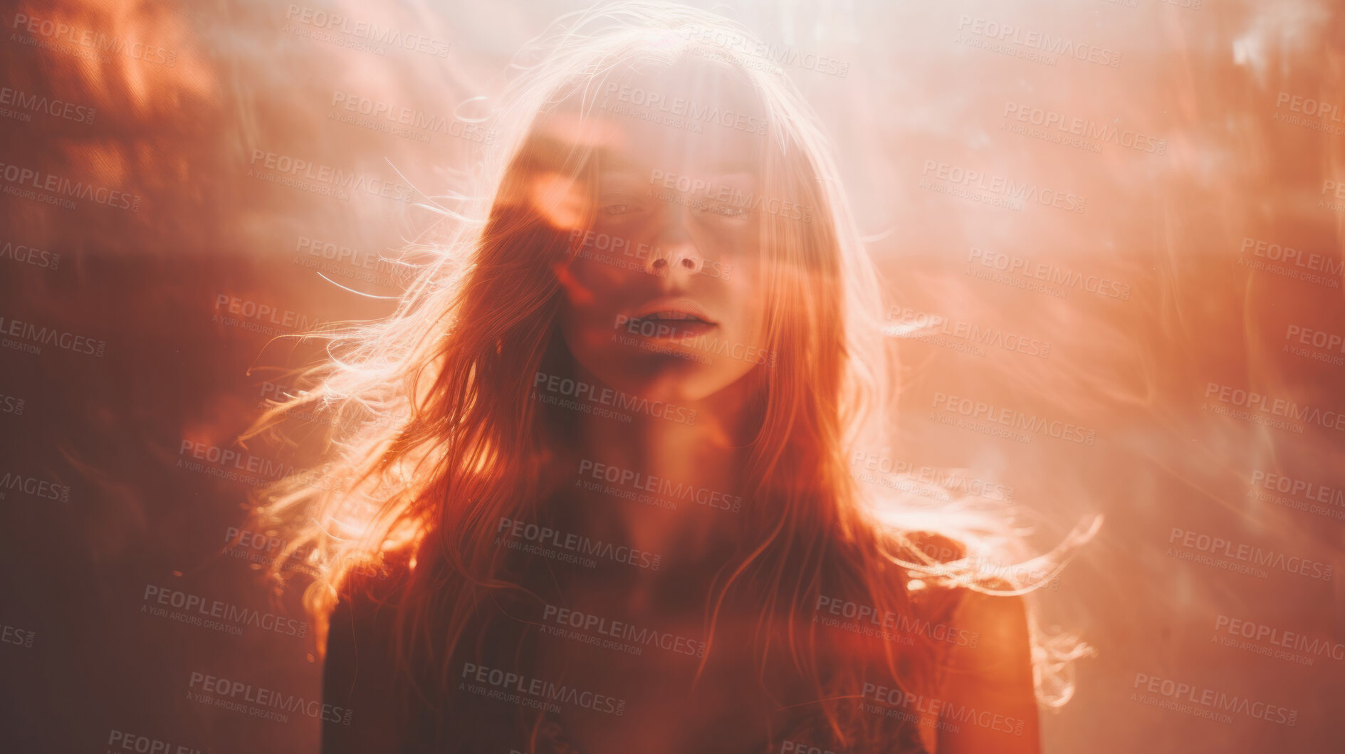 Buy stock photo Young woman in sunlight and shadows. Peace and calm wellbeing.