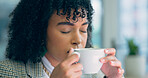Tea, drink and black woman relax in the office with calm coffee break in morning with peace in workplace. Person, breathing and employee drinking hot chocolate, beverage or smell espresso latte aroma