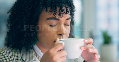 Buy stock photo Tea, drink and black woman relax in the office with calm coffee break in morning with peace in workplace. Person, breathing and employee drinking hot chocolate, beverage or smell espresso latte aroma