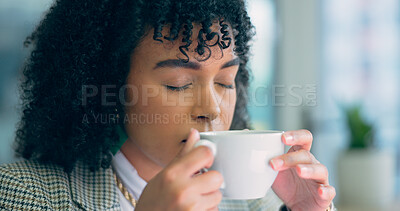 Tea, drink and black woman relax in the office with calm coffee break in morning with peace in workplace. Person, breathing and employee drinking hot chocolate, beverage or smell espresso latte aroma