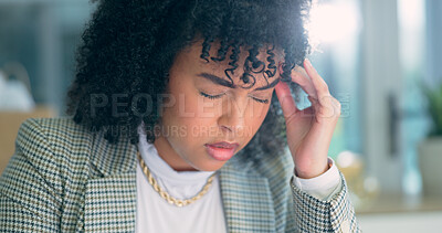 Buy stock photo Headache, stress and business woman in office with anxiety, tension or mistake, fail or pressure. Vertigo, brain fog and female entrepreneur with startup crisis, burnout or frustrated by tax or audit