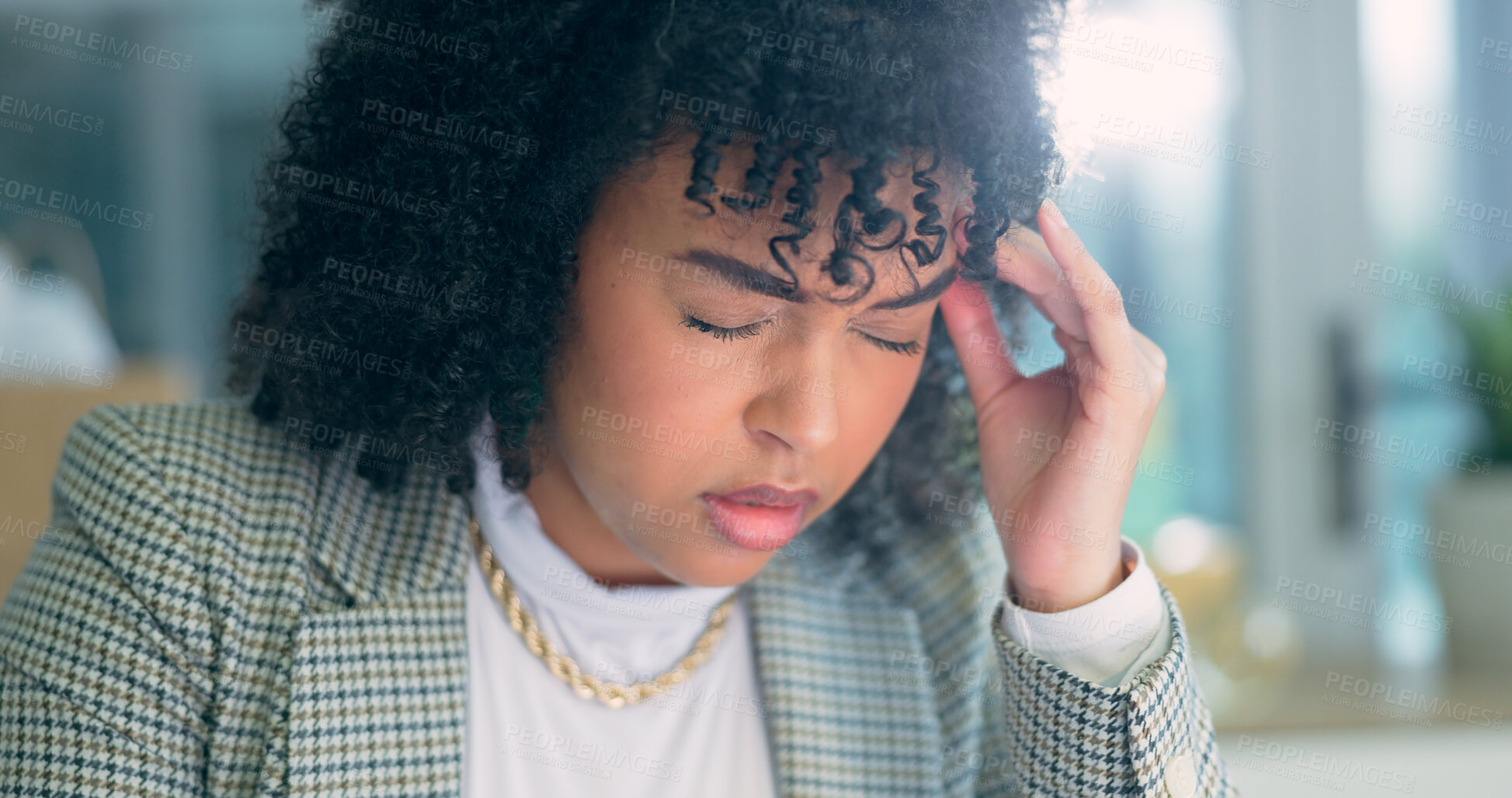 Buy stock photo Headache, stress and business woman in office with anxiety, tension or mistake, fail or pressure. Vertigo, brain fog and female entrepreneur with startup crisis, burnout or frustrated by tax or audit