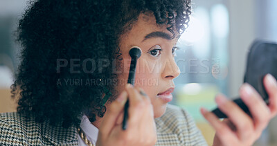 Buy stock photo Woman in office with mirror, makeup and brush for face, getting ready for business in workplace with beauty. Skincare, cosmetics and businesswoman, receptionist or secretary with tools for skin care.