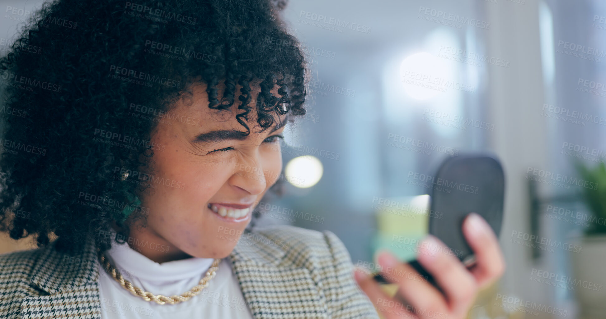 Buy stock photo Happy woman in office, makeup and mirror for face, getting ready for business in workplace with smile. Wink, beauty cosmetics and businesswoman, receptionist or secretary with skin care at desk.