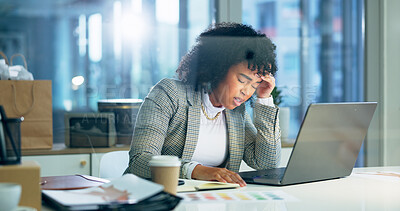 Buy stock photo Headache, stress and business woman on laptop in office dizzy, vertigo or exhausted by deadline pressure. Burnout, migraine and female designer with anxiety for glitch 404 or internet, crisis or fail