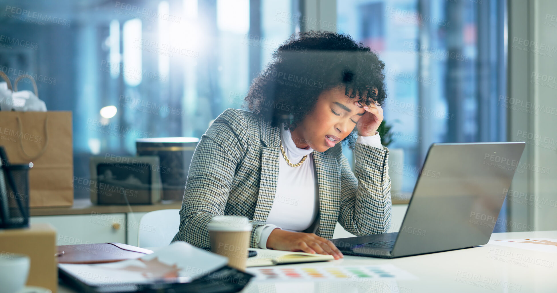 Buy stock photo Headache, stress and business woman on laptop in office dizzy, vertigo or exhausted by deadline pressure. Burnout, migraine and female designer with anxiety for glitch 404 or internet, crisis or fail