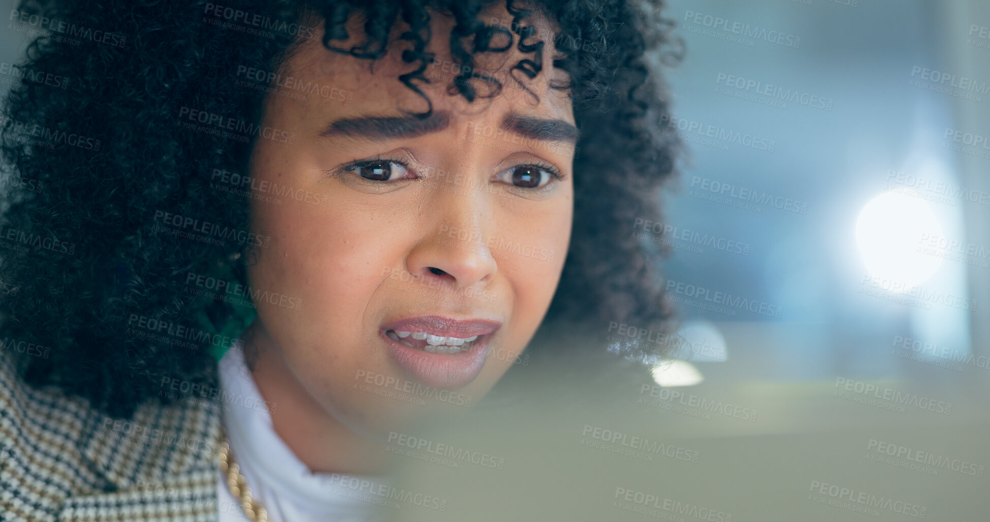 Buy stock photo Stress, anxiety and business woman in office reading bad news, feedback or email, review or report. Face, fail and lady entrepreneur with disaster, panic or overwhelmed by tax, audit or mistake