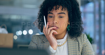 Buy stock photo Businesswoman, thinking and late at work in office by looking, reading or reviewing email. Anxious mexican person, manager or consultant with idea, pen or changes for online, technology or internet