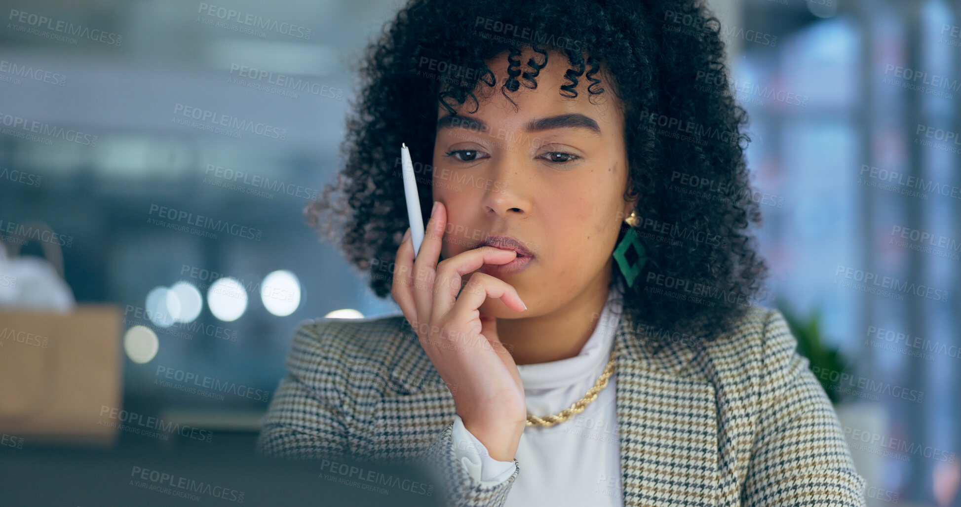 Buy stock photo Businesswoman, thinking and late at work in office by looking, reading or reviewing email. Anxious mexican person, manager or consultant with idea, pen or changes for online, technology or internet