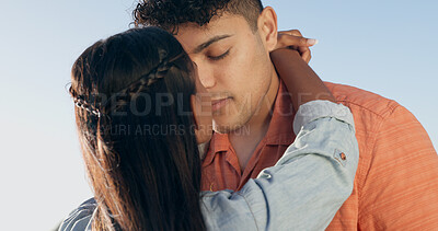 Buy stock photo Couple, kiss and happy on holiday with love, support and travel with marriage and vacation. Summer, adventure and calm outdoor with a woman and man together with touch, hug and embrace with care