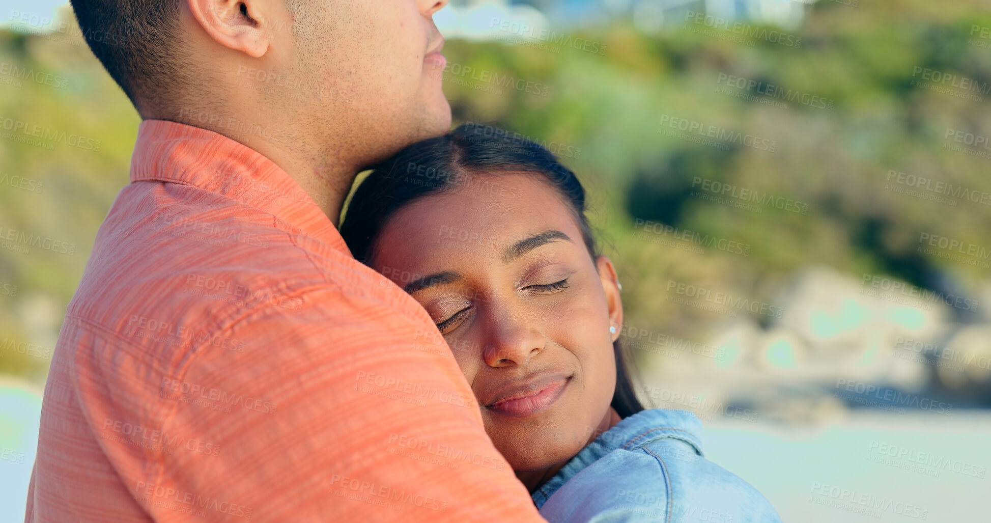 Buy stock photo Couple, hug and beach on relax holiday with love, support and travel with marriage and vacation. Summer, adventure and calm outdoor with a woman and man together by the ocean with touch and embrace