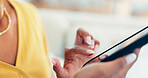 Phone, hands and closeup of woman networking on social media, mobile app or the internet. Communication, technology and female person scroll on a website or typing a message on cellphone at home.