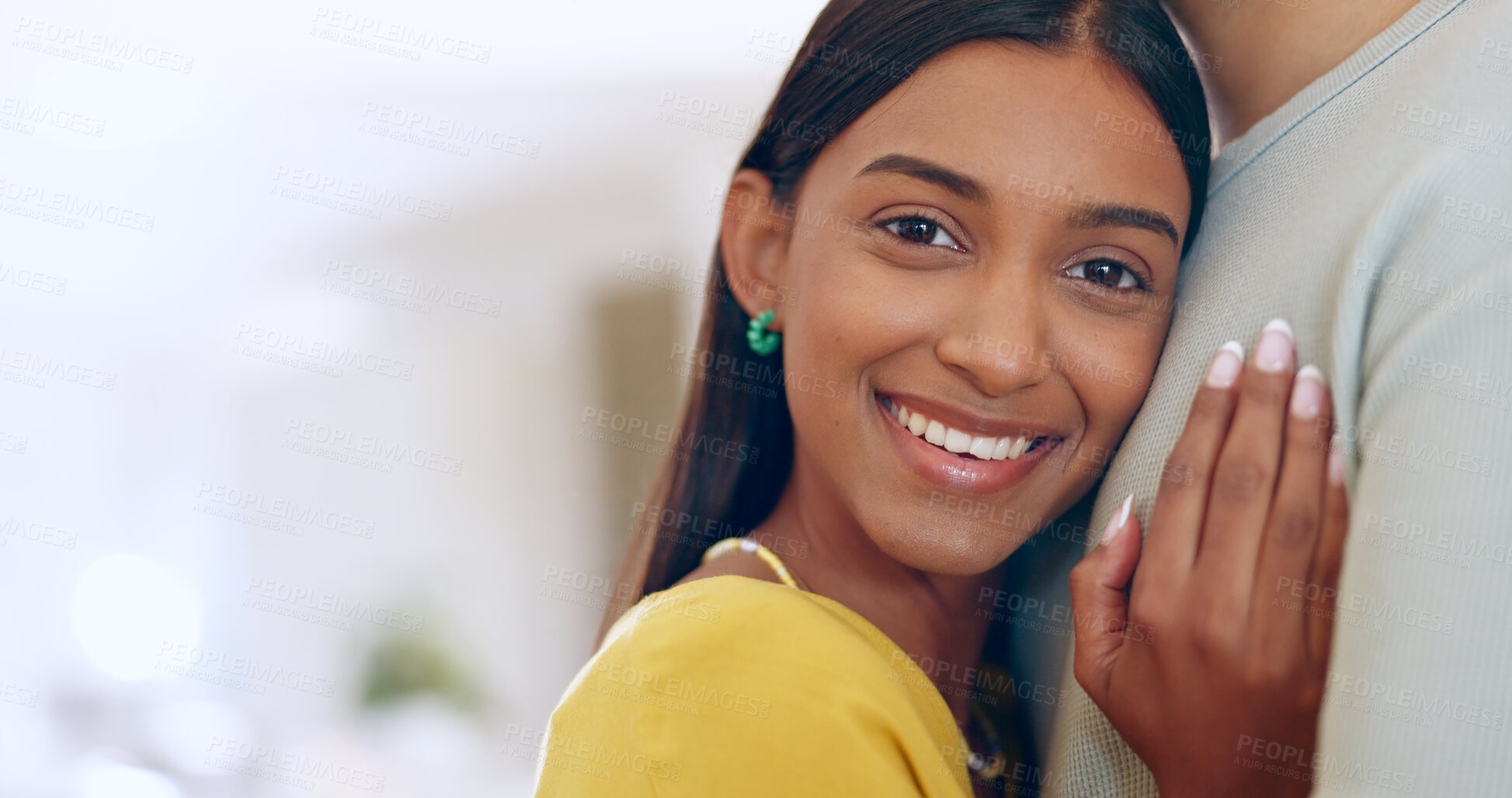 Buy stock photo Love, portrait and woman hug man with a smile in home or living room space with happiness together. Couple, embrace and girl with calm, peace and care in marriage or relationship with support mockup