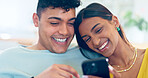 Couple, phone and relax on couch, laugh or reading for funny story, notification or post on web blog. Man, woman and smartphone for meme, streaming comic video or happy on social media app in home