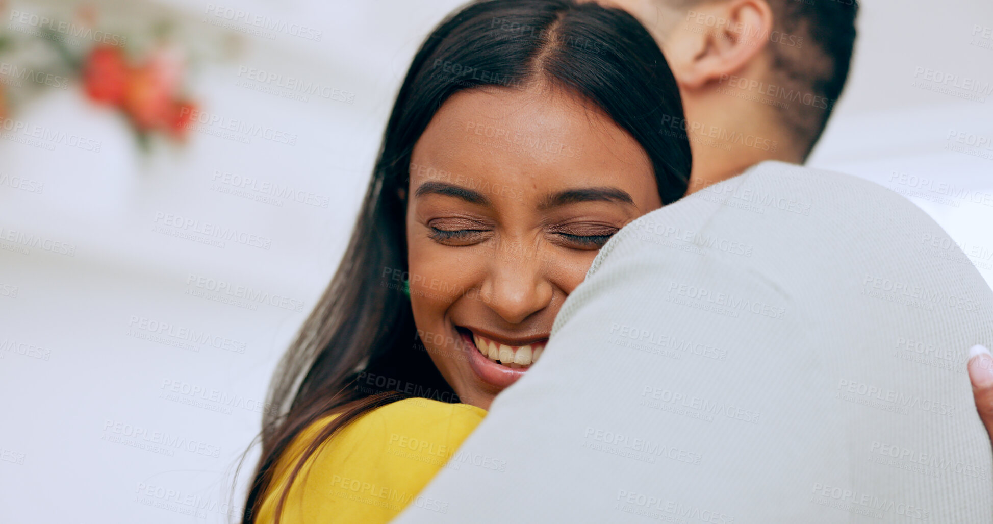 Buy stock photo Happy, couple with trust and hug for love with affection, bonding and romantic date at home. Dancing, interracial and people with commitment, loyalty and respect in healthy relationship with smile