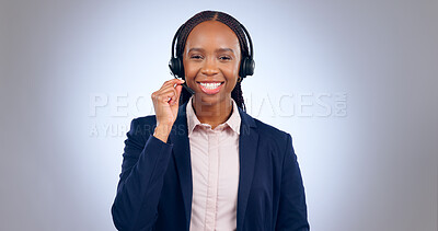 Buy stock photo Call center, woman and portrait in studio for customer service, CRM questions or IT support on grey background. Face, happy telemarketing agent or african consultant with microphone for communication