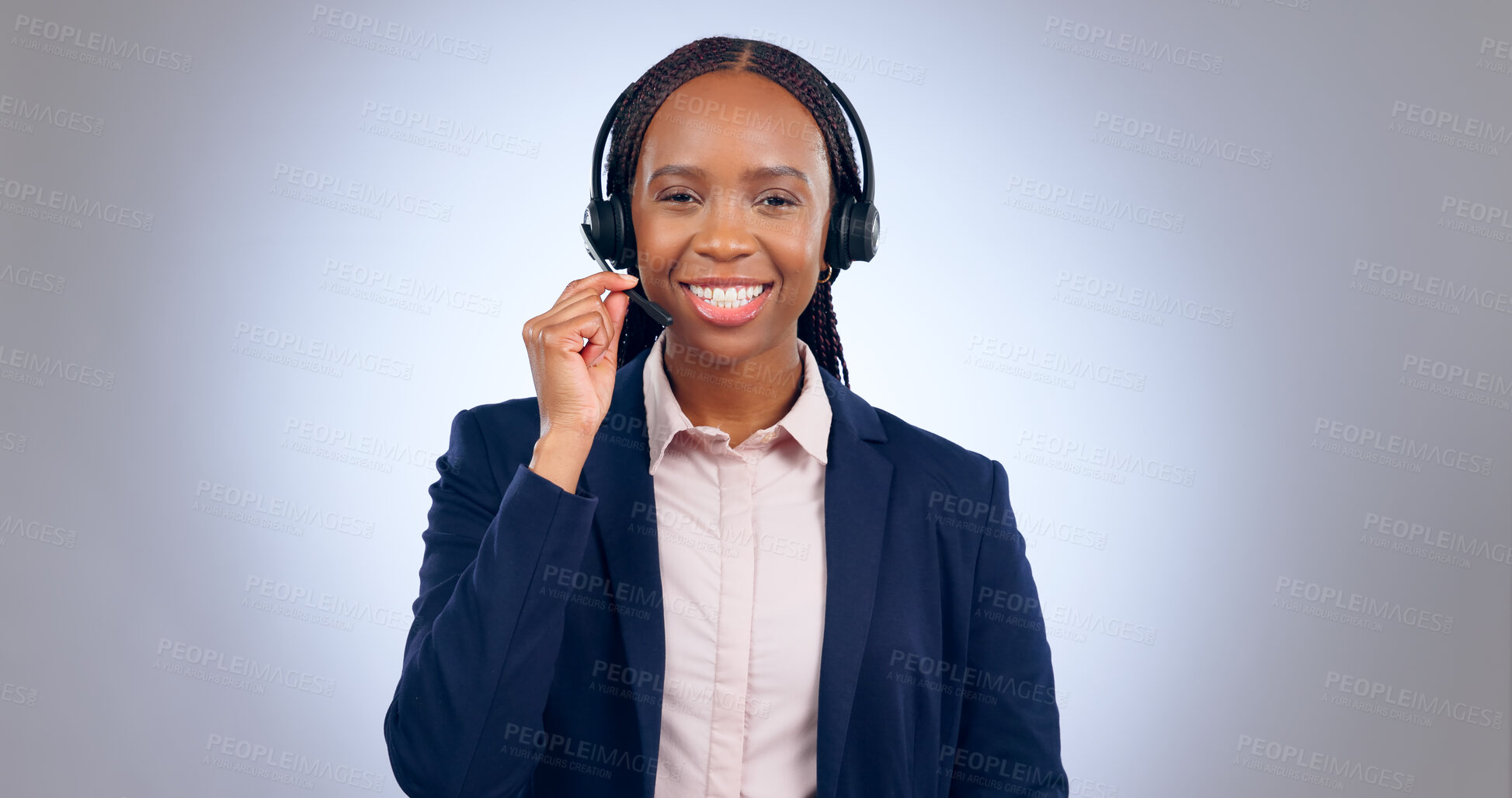 Buy stock photo Call center, woman and portrait in studio for customer service, CRM questions or IT support on grey background. Face, happy telemarketing agent or african consultant with microphone for communication