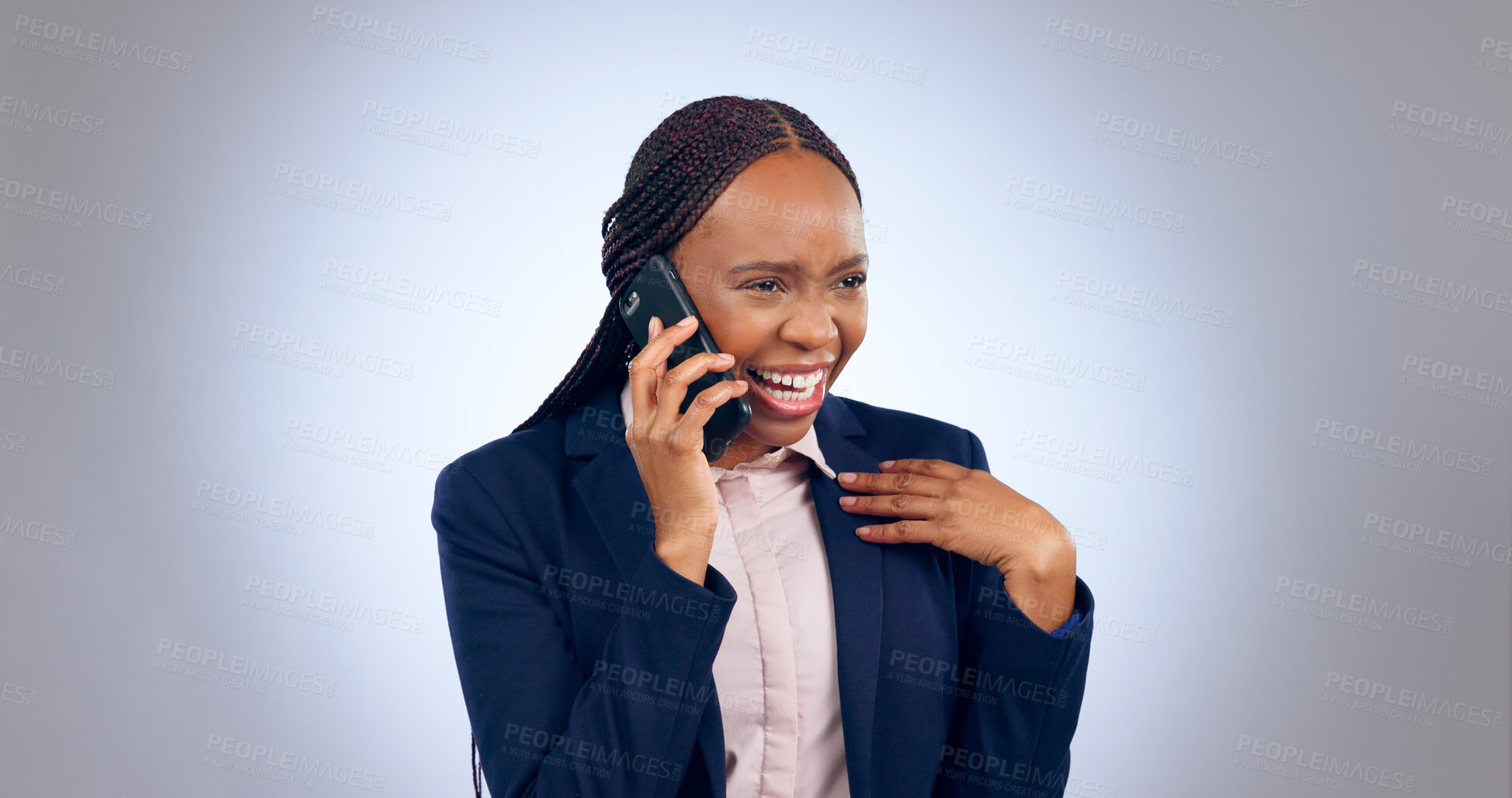 Buy stock photo Happy, phone call and business woman laughing in studio with news, networking or joke on grey background. Smartphone, smile and African female entrepreneur with funny conversation, comedy or humor