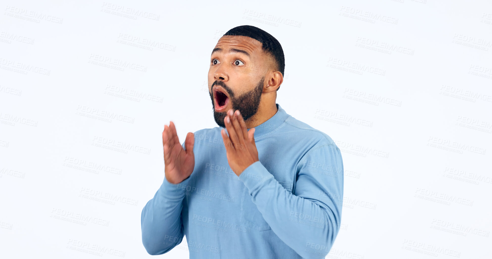 Buy stock photo News, announcement and man with surprise on face in studio, white background or mockup space. Wow, emoji and excited or shocked person with secret, drama or hearing crazy information on promotion