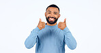 Thumbs up, man and portrait with sign for yes in studio, white background with happiness, support. Thank you, hands and person smile for success, agreement or positive emoji with achievement of goal