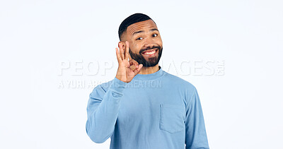 Buy stock photo Man, portrait and OK hand sign, review or feedback with emoji, yes or like with opinion on white background. Agreement, smile and model with vote in studio, success and support with excellence