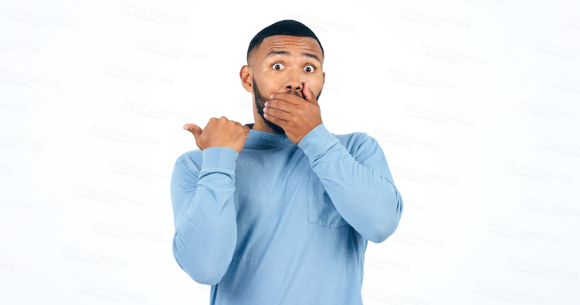 Buy stock photo Shock, pointing and portrait of man in a studio with wow, omg or wtf facial expression for news. Surprise, emoji and face of young male person from Colombia isolated by white background with mockup.