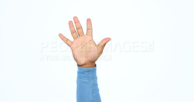 Buy stock photo Hand, palm or closeup of high five in success, volunteer or help in charity organisation in studio mockup. Presentation, fingers and stop in sign language, emoji or warning signal on white background