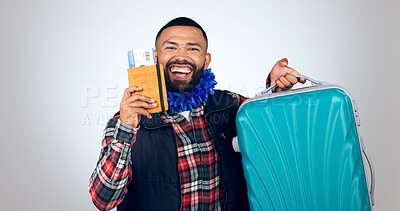 Buy stock photo Happy man, suitcase and plane ticket for travel, excited about trip in portrait isolated on white background. Luggage, holiday and booking paperwork with passport and ready for adventure in studio