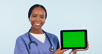 Buy stock photo Green screen, doctor and portrait of black woman with tablet for telehealth, wellness and medical news. Healthcare, mockup and person on digital tech for clinic website in studio blue background