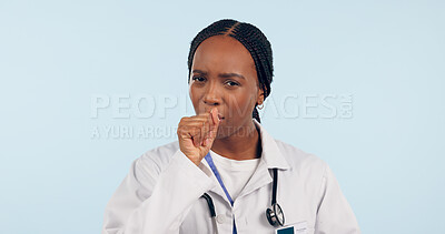 Buy stock photo Sick, cough and portrait of a black woman or doctor for healthcare, virus or medical problem. Nurse, hospital and an African medical employee with covid, asthma or flu on a blue background in studio