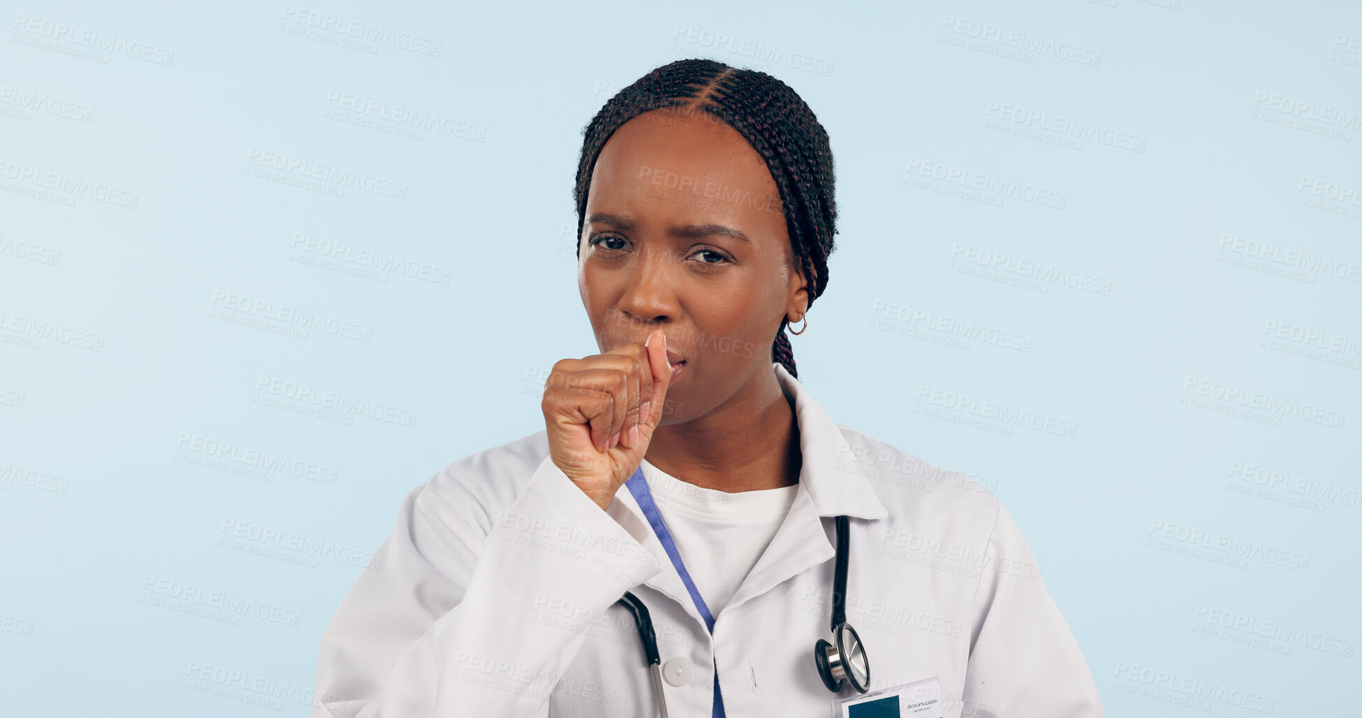 Buy stock photo Sick, cough and portrait of a black woman or doctor for healthcare, virus or medical problem. Nurse, hospital and an African medical employee with covid, asthma or flu on a blue background in studio