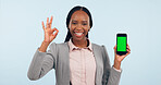 Business woman, ok sign and green screen phone with portrait for review, choice or app by blue background. African entrepreneur, yes and studio for smartphone mockup, chromakey or tracking markers