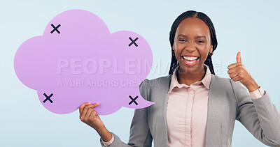 Buy stock photo Speech bubble, business feedback and black woman with thumbs up in portrait, tracking marker and communication. Yes, like and review with quote, FAQ and social media in studio on blue background