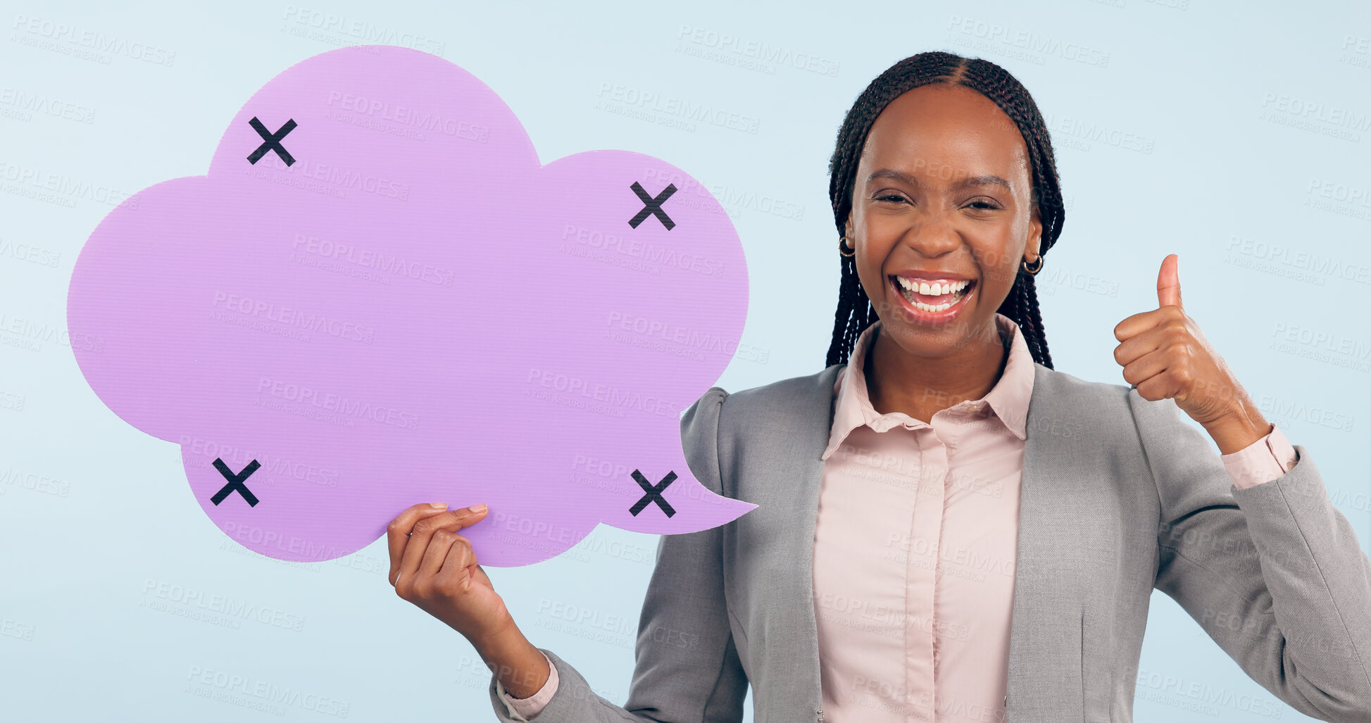 Buy stock photo Speech bubble, business feedback and black woman with thumbs up in portrait, tracking marker and communication. Yes, like and review with quote, FAQ and social media in studio on blue background