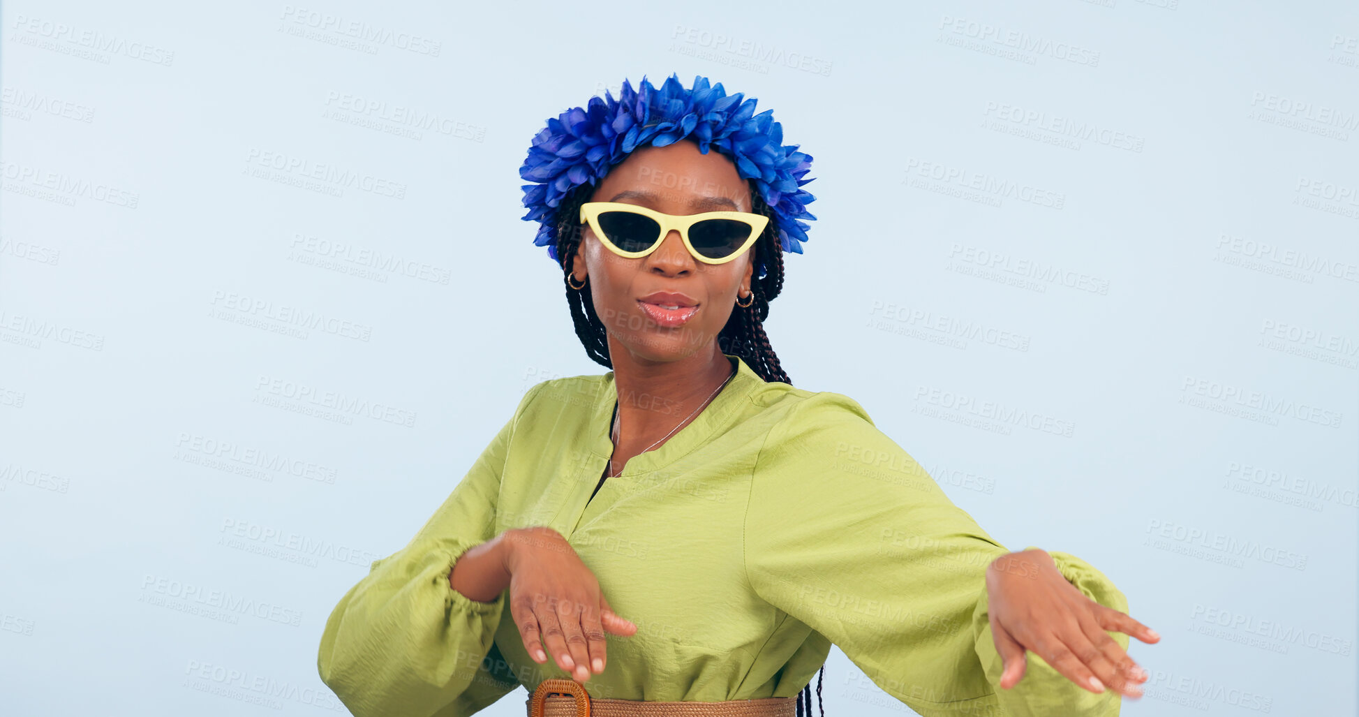 Buy stock photo Woman, dance and fashion for vacation in studio for mockup for offer blue background. African person, happy and sunglasses in portrait for flowers on head for tropical holiday, trip or travel for fun