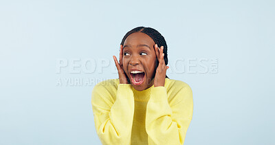 Buy stock photo Wow, surprise and mind blown with a black woman in studio on a gray background to hear good news. Emoji, announcement and expression with a happy young person looking shocked by a promo or bonus