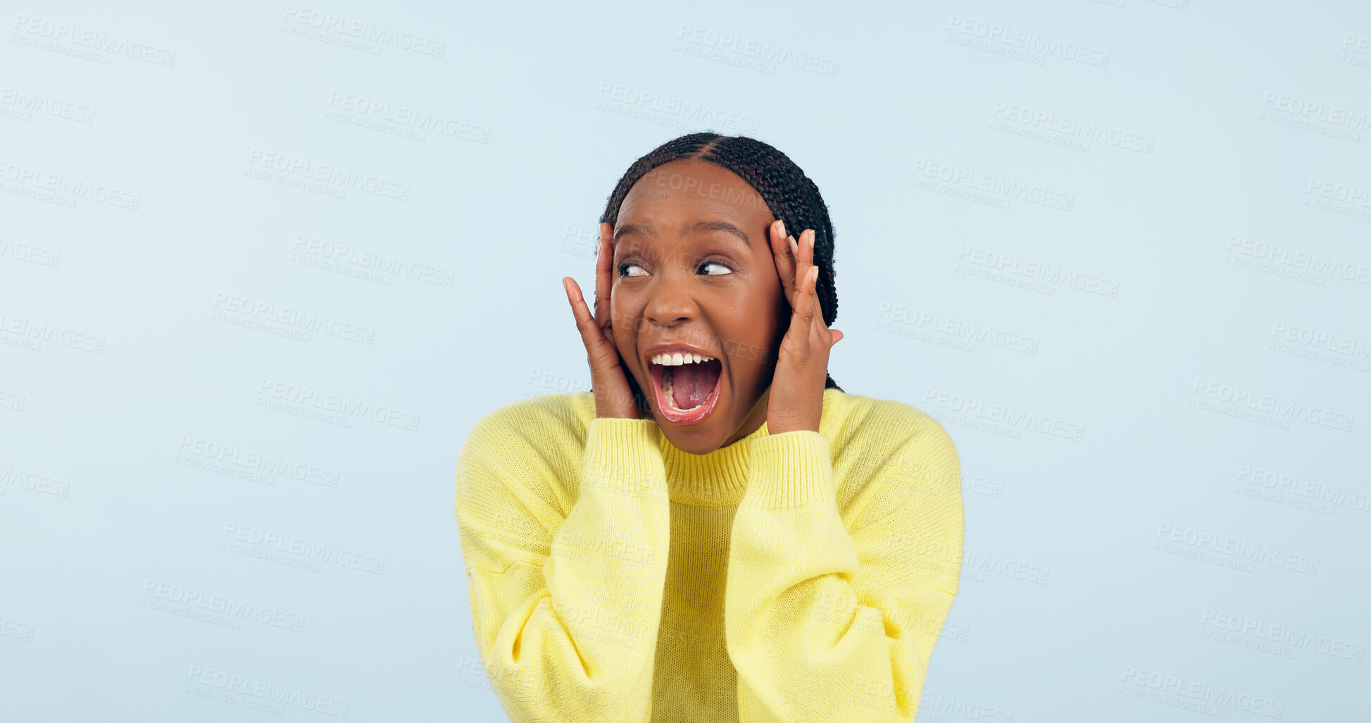 Buy stock photo Wow, surprise and mind blown with a black woman in studio on a gray background to hear good news. Emoji, announcement and expression with a happy young person looking shocked by a promo or bonus