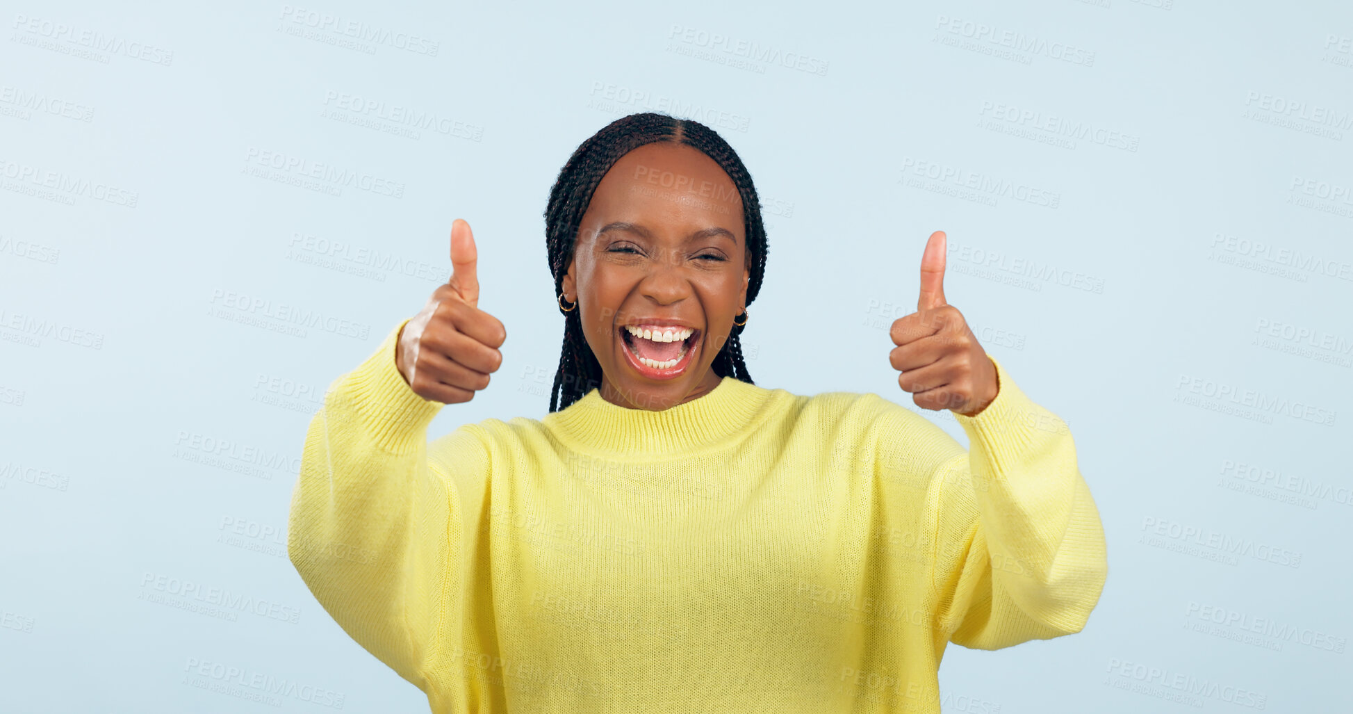 Buy stock photo Portrait, smile and black woman with thumbs up, support and decision on a blue studio background. Face, African person and model with hand gesture, opportunity and feedback with review and emoji