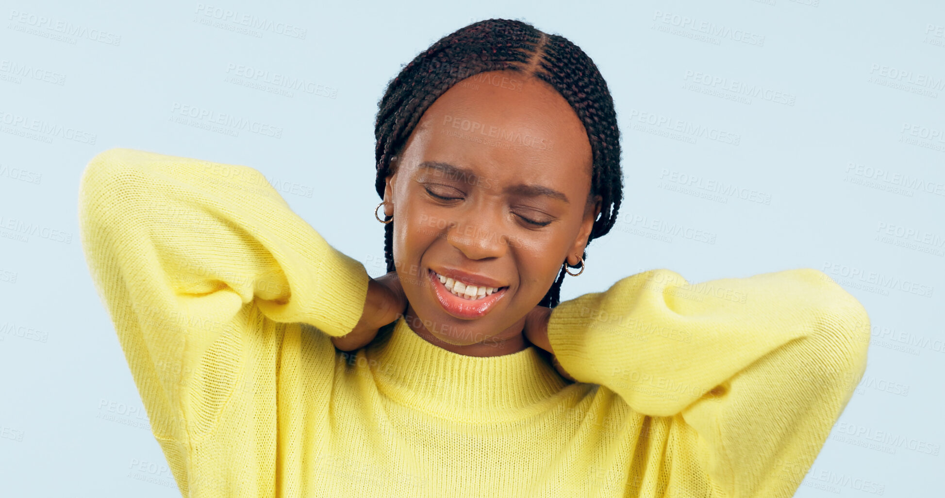 Buy stock photo Black woman, neck pain and inflammation with injury, strain and uncomfortable on isolated studio background. Joint, anxiety and stress for fibromyalgia, muscle burnout and unhappy with tendinitis