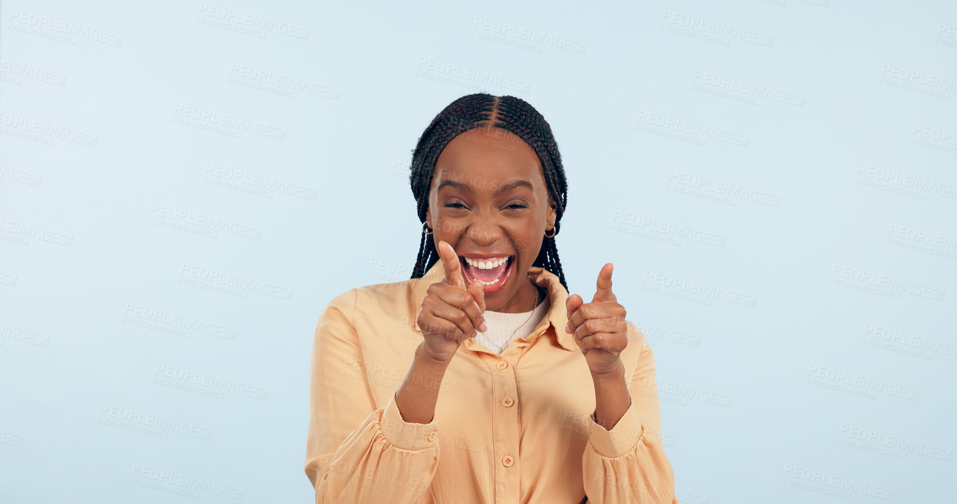 Buy stock photo Happy woman, smile and pointing at you with hand in studio for choice, yes or decision in mockup on blue background. African girl, gesture or excited of announcement of new job, hiring or opportunity