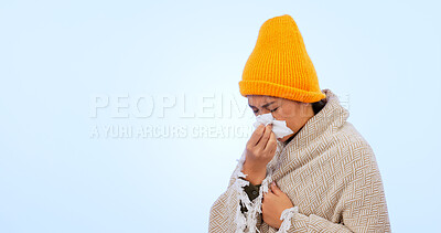 Buy stock photo Sinusitis, virus and sick woman with tissue in studio, blue background or blowing nose with flu mockup. Bacteria, sinus infection or person care for wellness, illness or hayfever allergies healthcare