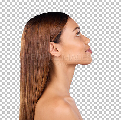 Face, hair care and beauty profile with woman, keratin treatment with shine on blue background. Skincare, natural cosmetics and mockup, facial and hairstyle, female with smile in studio and skin glow