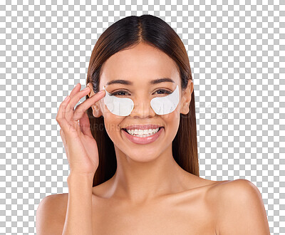 Skincare, beauty and portrait of happy woman with eye mask for anti aging or skin glow on blue background. Cosmetics, facial repair pads and face of model with collagen product and smile in studio.