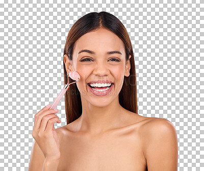 Beauty, skincare and hispanic woman with facial roller and smile for anti aging glow on blue background. Cosmetics, skin repair and model rolling face with rose stone quartz product in studio promo.