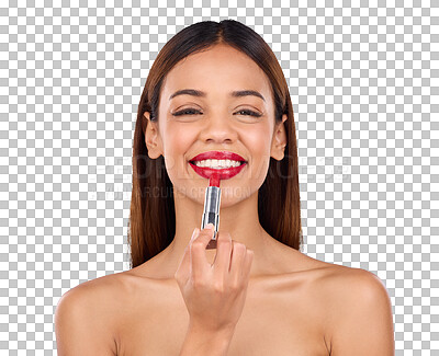 Makeup, beauty and red lipstick portrait of a woman for cosmetics in studio. Aesthetic female model face on a blue background with a smile for self care, facial glow and color application for lips
